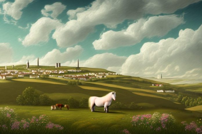 A shetland pony in a rural landscape