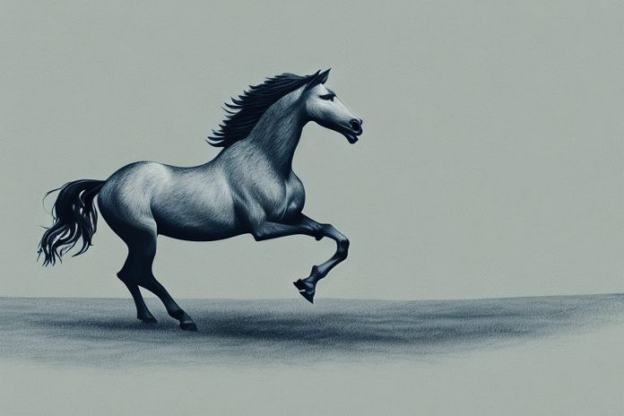 A brumby horse galloping through the landscape of calvinia