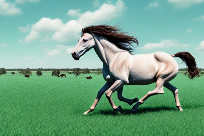 A brumby horse galloping across a grassy plain in mafikeng