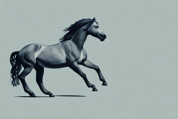 A brumby horse galloping in the klerksdorp landscape