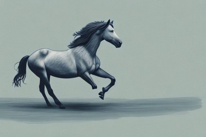 A brumby horse galloping through the orkney landscape