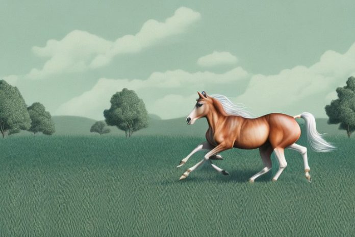 A brumby horse galloping through a rural landscape in mabopane