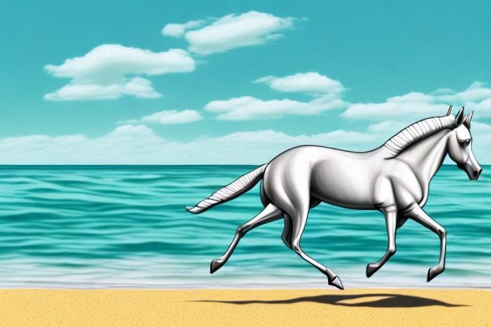 A horse galloping along a beach in richards bay