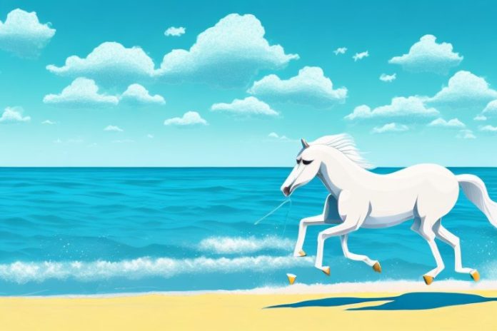 A horse galloping along a beach
