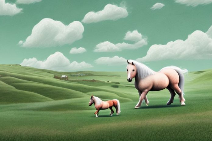 A shetland pony in a rural landscape with a rider on its back