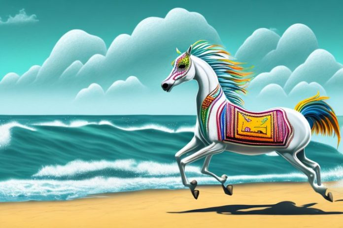 An azteca horse galloping through a beach landscape in umhlanga