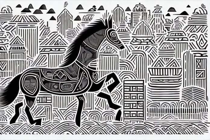 An azteca horse galloping through a cityscape in east london