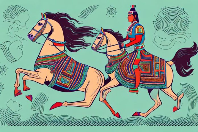 A horse and rider in traditional aztec dress