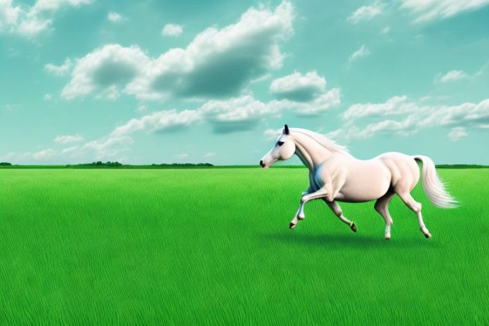 A horse galloping through a grassy field in the countryside