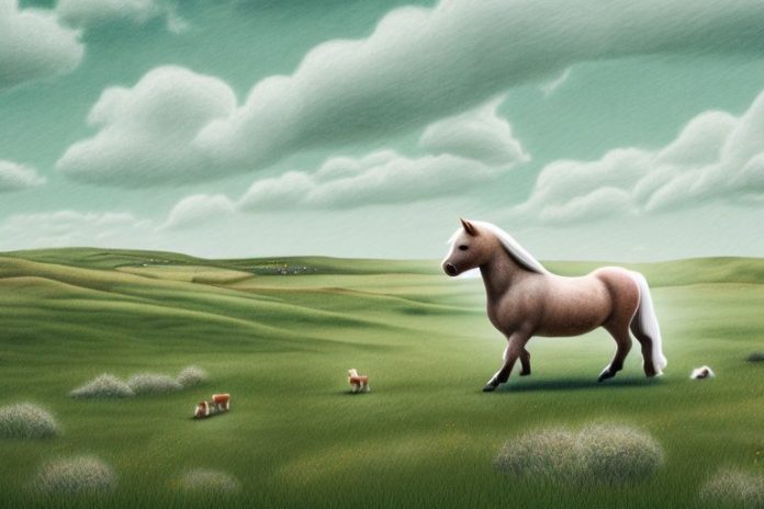 A shetland pony being ridden in a rural landscape in kroonstad