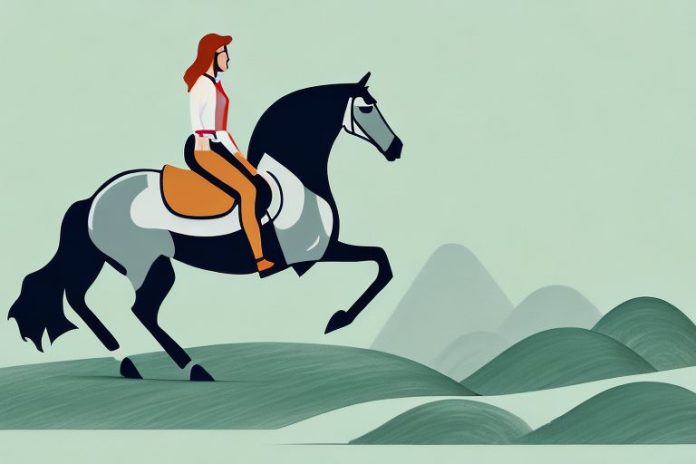 A horse and rider galloping through a landscape of rolling hills
