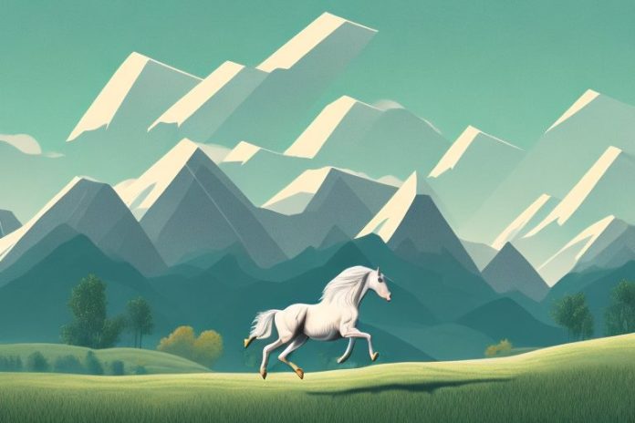 A horse galloping through a rural landscape