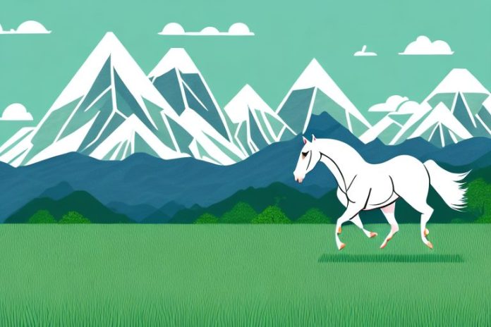 A horse galloping through a grassy field with mountains in the background