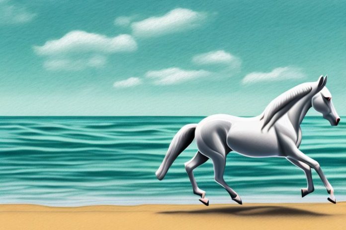 A horse galloping along a beach in jeffreys bay