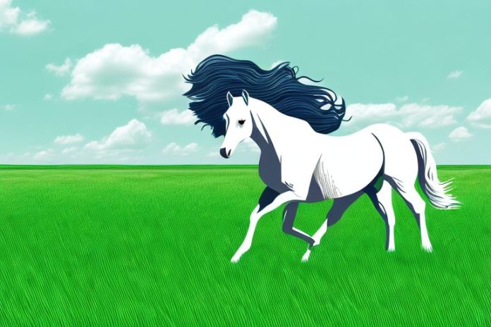 A horse galloping through a grassy field in the free state