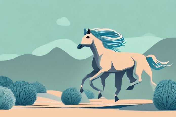 A horse galloping through a desert landscape
