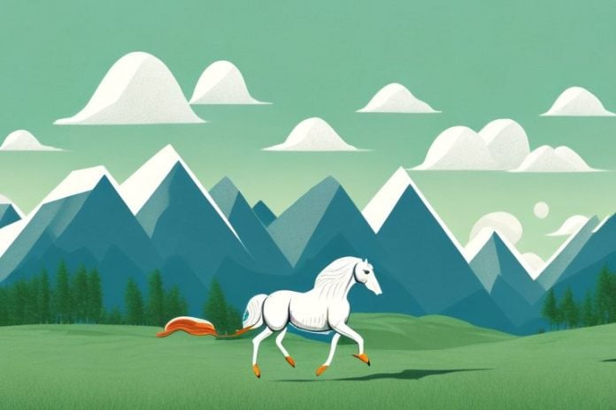A horse galloping through a rural landscape