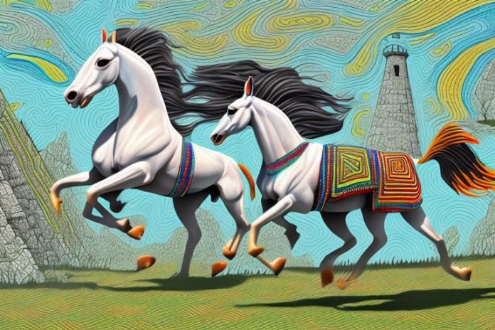 An azteca horse galloping through the countryside of parys