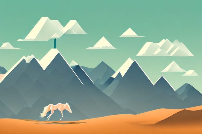 A horse galloping through a desert landscape