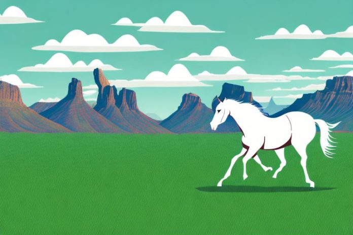 A horse galloping through a grassy landscape
