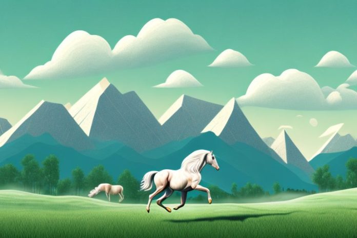 A horse galloping through a rural landscape