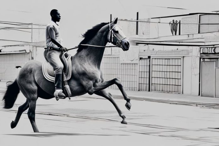 A horse and rider galloping through the streets of soweto
