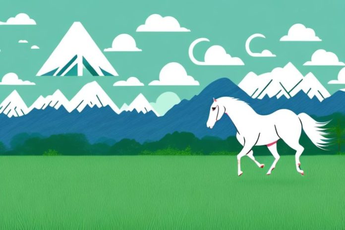 A horse galloping through a grassy field with mountains in the background