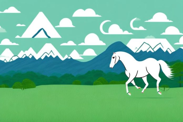 A horse galloping through a grassy landscape with mountains in the background