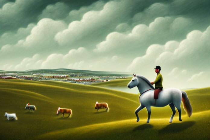 A person riding a shetland pony in a rural landscape