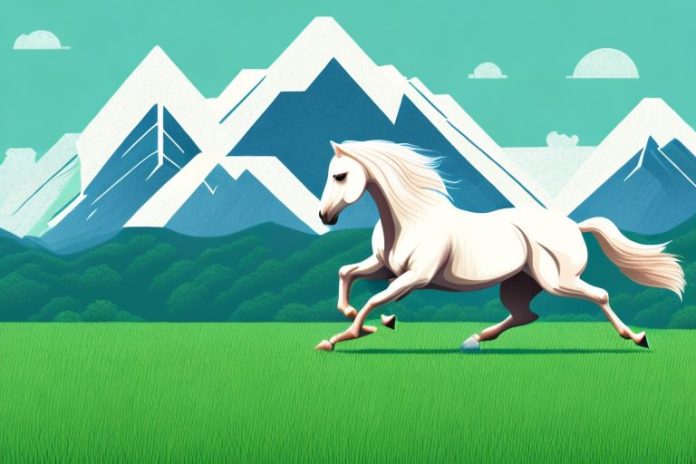 A majestic horse galloping through a grassy field with a backdrop of mountains