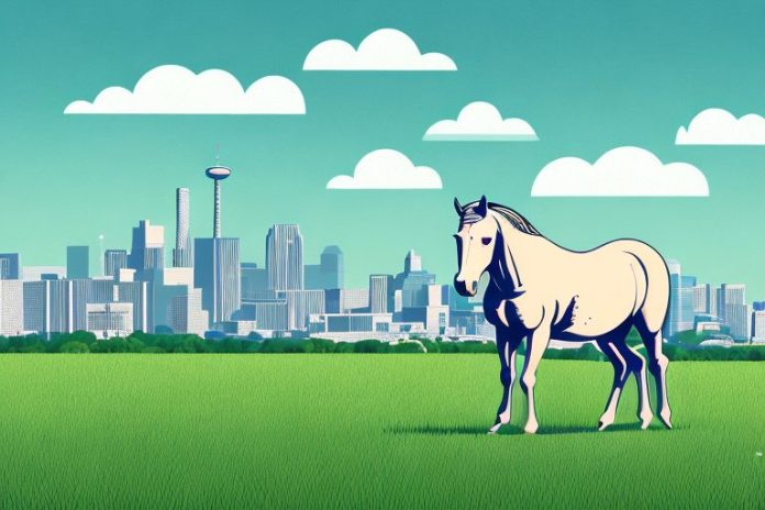 A horse in a field with a backdrop of the randburg skyline
