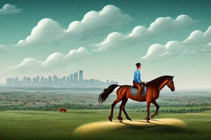A horse and rider in a rural landscape
