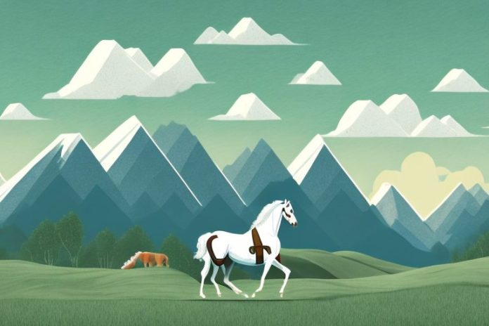A horse and rider in a rural landscape