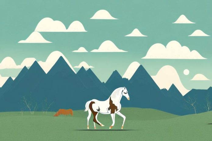 A horse and rider in a rural setting with mountains in the background