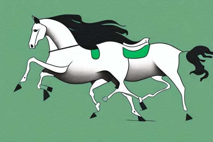 A horse and rider galloping through a grassy landscape