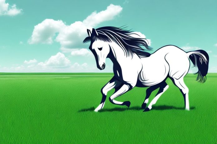 A horse galloping through a grassy field in secunda