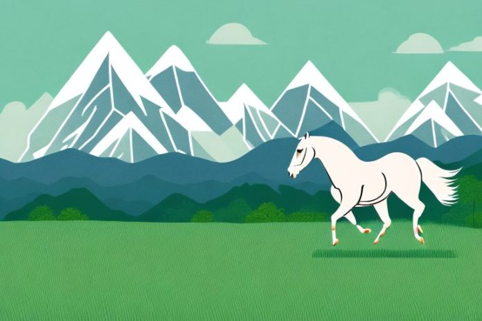 A horse galloping through a grassy landscape with mountains in the background