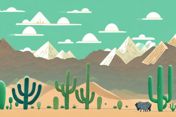 A horse galloping through a desert landscape with cacti and mountains in the background