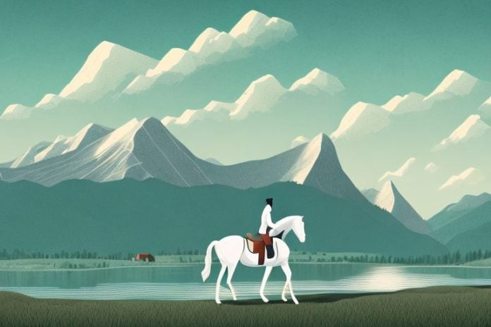 A horse and rider in a rural landscape