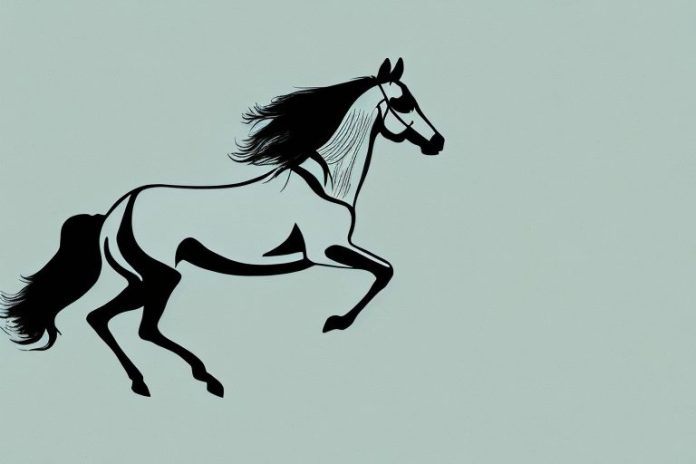 A horse and rider galloping through a desert landscape