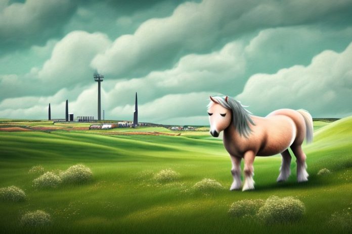 A shetland pony in a rural landscape