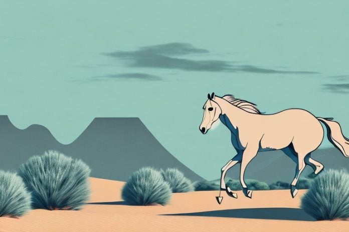 A horse galloping through the desert landscape of kuruman