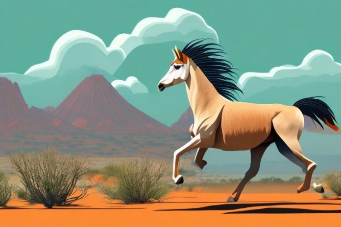An azteca horse galloping through the desert landscape of springbok
