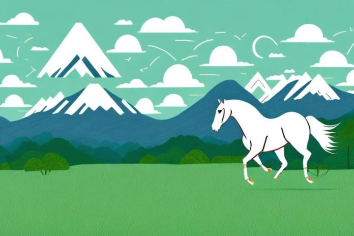 A horse galloping through a grassy landscape with mountains in the background