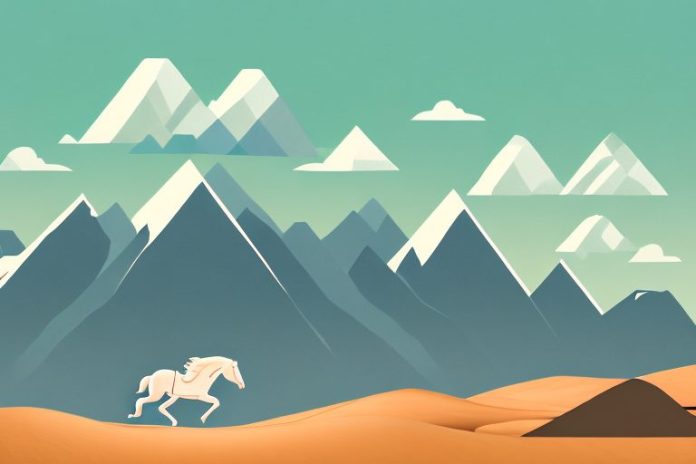 A horse galloping through a desert landscape with mountains in the background