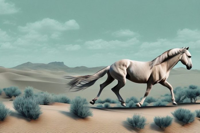 A horse galloping through the desert landscape of calvinia