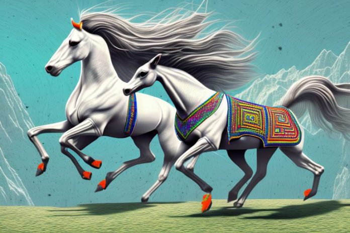 An azteca horse galloping through the prieska landscape