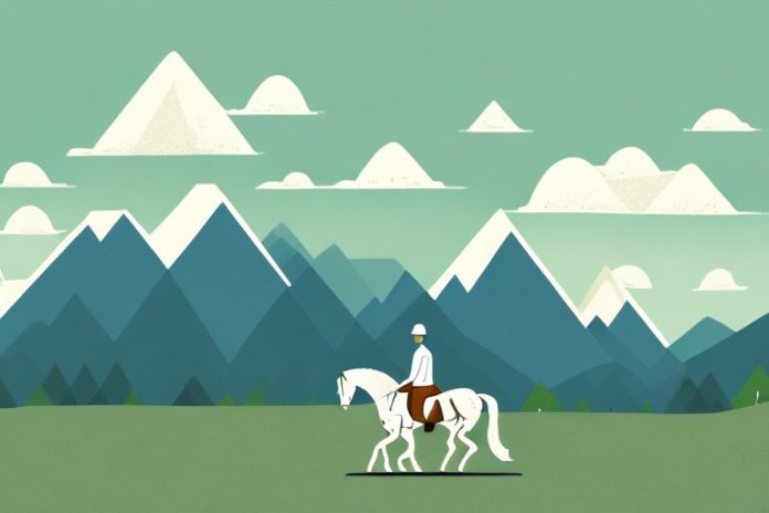 A horse and rider in a landscape with mountains in the background