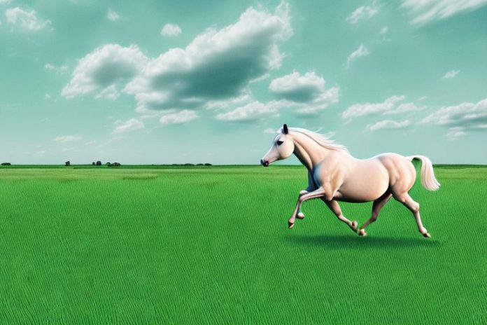 A horse galloping through a grassy landscape in mafikeng