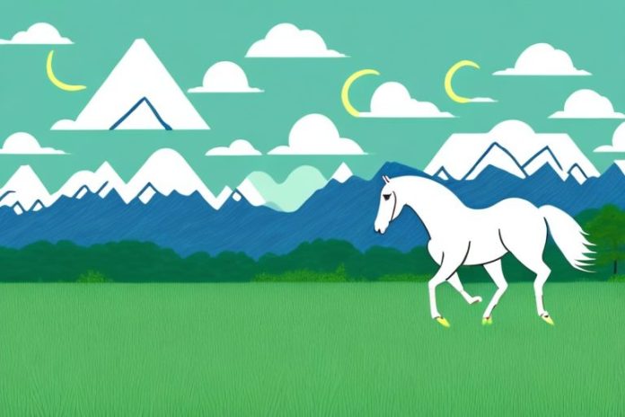 A horse galloping through a grassy field with mountains in the background